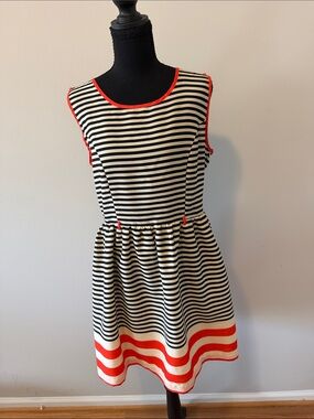 Girls' Black & White Striped Dress with Red Trim